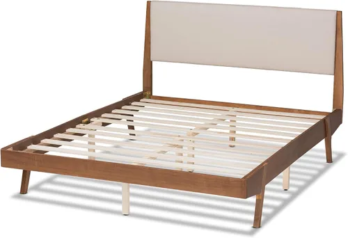 Vista 5 de Baxton Studio Senna Mid-Century - Cama de plataforma tapizada de tela beige moderna y acabado marrón nogal, tamaño Queen
