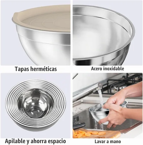 Vista 5 de Juego de tazones para mezclar de acero inoxidable con tapas y 3 accesorios Caqui