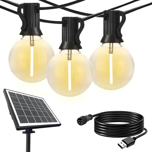 Vista 8 de SUNTHIN Tira de luces solares de 50 pies, luces solares recargables por USB para exteriores con 24 bombillas LED G40 impermeables e inastillables