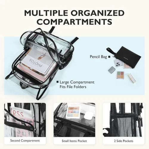 Vista 3 de mommore Mochila transparente resistente de PVC grueso con bolsa para lápices, 2 compartimentos, mochila transparente