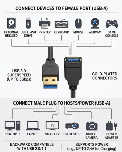 Vista 7 de Meokse Cable de extensión USB 3.0 de 12 pies, compatible con cámara web, cámara, teléfono, concentrador USB, mouse, teclado, impresora, disco duro