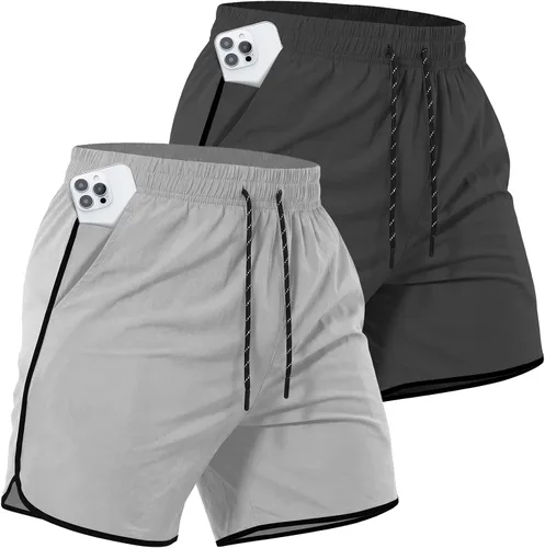 Vista 13 de Paquete de 2 pantalones cortos deportivos de entrenamiento de 5 pulgadas para hombre, pantalones cortos de gimnasio de secado rápido con bolsillos
