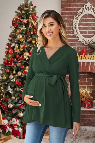 Vista 4 de OUGES Túnicas de maternidad para mujer, camisas de manga larga, cuello en V, ropa de maternidad de enfermería, blusa casual de embarazo