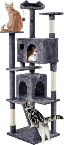 Vista 14 de Yaheetech - Torre de árbol para gatos de 62 pulgadas, torre para gatitos de interior, muebles para mascotas con doble refugio, postes para rascar