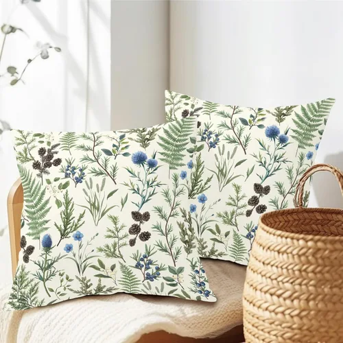 Vista 4 de Fundas de cojín decorativas primavera-verano 40x40 cm, juego de 2 fundas de cojín verdes con flores botánicas, fundas de cojín decorativas para Aqua