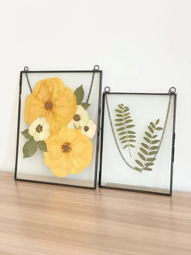 Vista 7 de Beedecor Juego de 2 marcos colgantes de vidrio doble para flores prensadas, hojas y obras de arte, marco flotante de metal grande con cadena, marcos