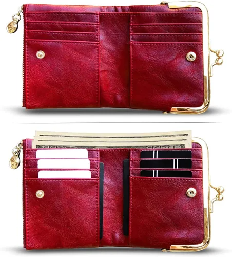 Vista 16 de AOXONEL Cartera para mujer, pequeña, Rfid, compacta, plegable, de piel, vintage, con cremallera y cierre de beso