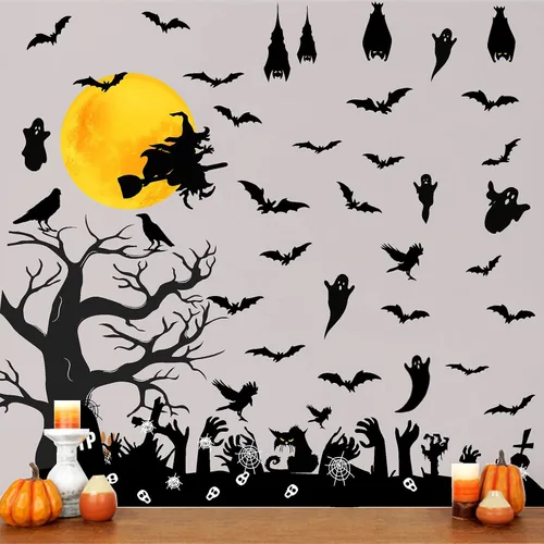 Vista 2 de Barri Design Calcomanías de pared de murciélago de Halloween, árbol de luna, bruja, calcomanías de pared extraíbles para Halloween, calcomanías