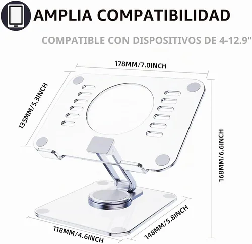 Vista 3 de Soporte acrílico giratorio de 360° para tableta, soporte de escritorio ajustable plegable transparente compatible con iPad Pro, Air, Mini, Kindle