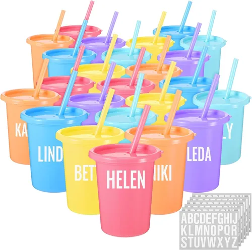 Vista 9 de Nuanchu 24 vasos con tapas y pajitas, vasos reutilizables con autoadhesivos, botella de agua de plástico, taza de viaje para café helado, taza