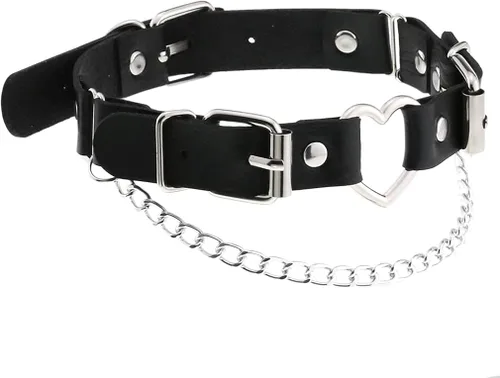 Vista 3 de SJYFAL Gargantilla de cuero con corazón para mujer, collar de cadena punk rock con remache de poliuretano, ajustable, Cuero,