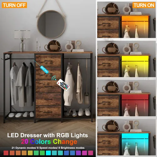 Vista 8 de Espelism Cómoda para dormitorio con perchero, cómoda de 5 cajones con estación de carga, luces LED, cómoda blanca, estante flexible y espacio