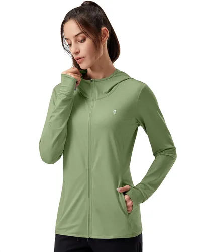 Vista 26 de Soothfeel Chaqueta con capucha y protección solar UPF 50+ para mujer, ligera, de manga larga, con bolsillo, para senderismo al aire libre d-celeste