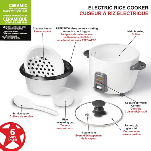 Vista 5 de Starfrit - Arrocera eléctrica, 6 tazas, 300 W, color blanco Cesta de vapor, taza medidora, cuchara de servicio, hace arroz perfecto