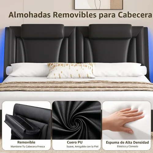 Vista 6 de Keyluv Armazón de cama moderno tapizado con plataforma con cabecera LED ajustable y diseño de curva ondulada y soporte de listones de madera sólida