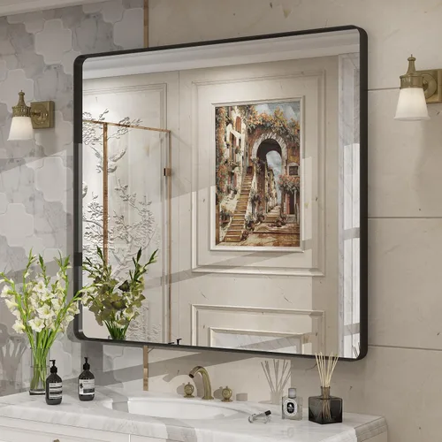 Vista 79 de Paquete de 2 espejos de baño con marco de metal negro de 22 x 30 pulgadas, espejo rectangular redondeado negro mate, antioxidante, se cuelga