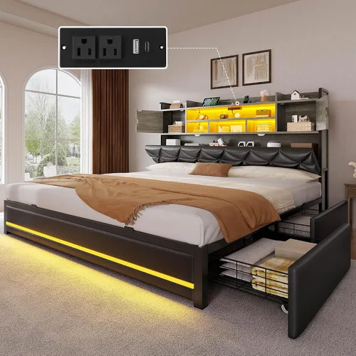 Vista 10 de DWVO Queen Size Bed Frame with RGB LED Lights & Storage Bookcase Headboard Upholstered Bed with Charging Station and 4 Drawers, No Box Spring
