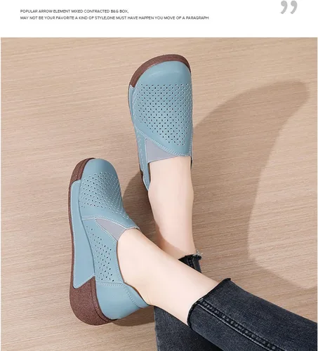 Vista 8 de Mocasines de plataforma de punta redonda para mujer, cómodos mocasines de cuero genuino, mocasines de corte casual con corte bajo.