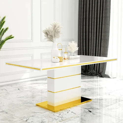 Vista 21 de Mesa de comedor moderna negra para 6 personas, mesa de cocina rectangular de 63 pulgadas con acabado lacado dorado y base de pedestal de acero