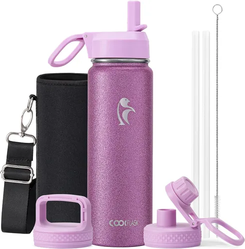 Vista 60 de Coolflask Botella de agua de 20 onzas aislada con pajilla, 3 tapas de metal de acero inoxidable, botella de agua de boca ancha para deportes u