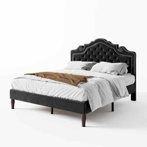 Vista 8 de WEEWAY Base de cama de plataforma de tamaño matrimonial con tiara ajustable de terciopelo, cabecero curvado y alta resistencia, botón tapizado