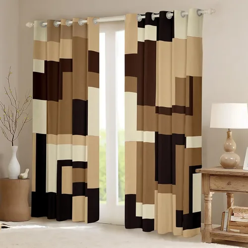 Vista 2 de Cortinas geométricas a rayas para dormitorio, niños, arte abstracto retro, rectangular, cortinas de oscurecimiento rectangulares para mujeres
