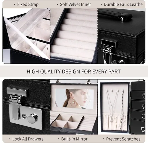 Vista 5 de FEIYAN Caja organizadora de joyas para mujer caja de joyería de piel sintética de 5 capas con todos los cajones cerrados organizador de joyas grande
