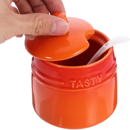 Vista 3 de Kichvoe Recipiente de azúcar con cuchara de cerámica para sal y condimentos para almacenamiento de condimentos, tarro de especias para encimera