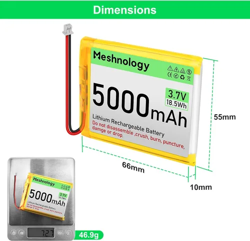 Vista 4 de Batería LiPo de 3.7 V 5000 mAh recargable 1S 955565 Batería de polímero de litio con placa de protección, cinta de goma aislada, enchufe micro JST