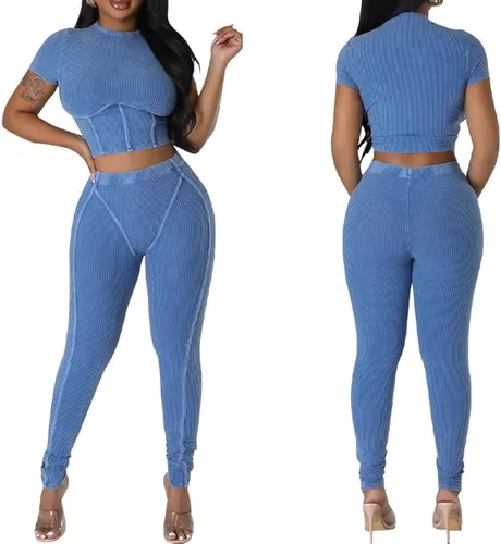 Vista 6 de acelyn Conjunto de entrenamiento casual para mujer, trajes de 2 piezas para verano, acanalados, manga corta, top corto y leggings de cintura alta