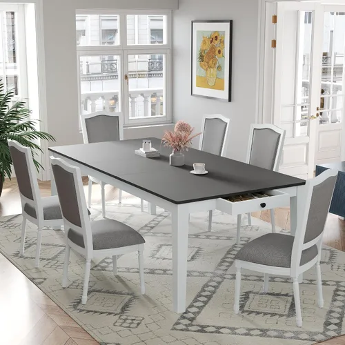 Vista 16 de JIVOIT Farmhouse 6 Piece Dining Table Set, Counter Height Table Set with 4 Chairs and a Bench, Rubber Wood Expandable Bar Table Set with Rivet Gris-3