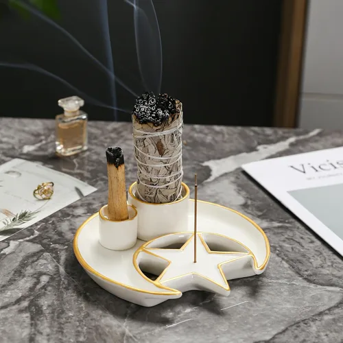 Vista 8 de Soporte de cerámica 4 en 1 para incienso, soporte de Palo Santo, quemador de Palo Santo, soporte para barra de incienso, soporte de salvia