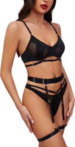 Vista 3 de Lencería con tiras para mujer, conjunto de lencería sexy para mujer con encaje negro con liguero, ropa