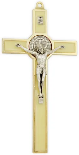 Vista 3 de RosaryMart St. Benedict - Crucifijo colgante de metal con incrustaciones de madera, 5 1/4 pulgadas