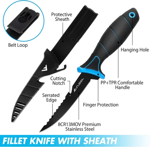 Vista 2 de FLISSA Juego de cuchillos de filete, cuchillo deshuesador y cuchillos de cebo con afilador, funda protectora, clip para cinturón, mango
