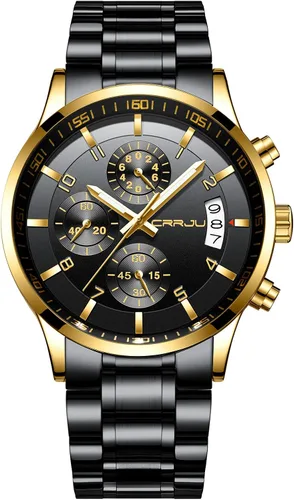 Vista 17 de CRRJU - Relojes de moda para hombre de acero inoxidable, cronógrafo, impermeables con fecha, de pulsera, correa de acero inoxidable, resistente al