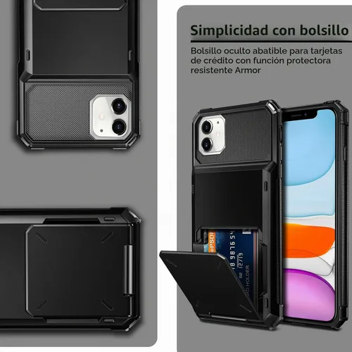 Vista 6 de Vofolen Funda protectora para iPhone 11, 4 tarjetas, ranura para identificación, puerta abatible, bolsillo oculto, antiarañazos, doble capa Negro