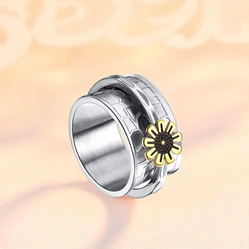 Vista 5 de Anillo giratorio de flores de margaritas para mujeres, niñas y hombres, anti ansiedad, inspiraciones para aliviar el estrés, meditación, acero