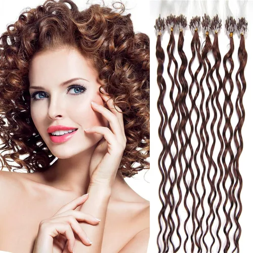 Vista 9 de Micro Link - Extensiones de cabello rizado con micro anillo, punta de bucle, cabello humano Remy real, color marrón oscuro, 20 pulgadas, 100 s #02