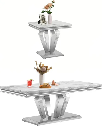 Vista 19 de SSLine Moderna mesa de centro de 1 pieza para sala de estar, mesa de centro de lujo de mármol sintético con patas de acero inoxidable en forma de S