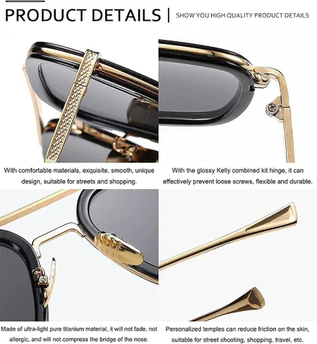 Vista 6 de SHEEN KELLY Trendy Square Pilot Sunglasses Men Women Vintage Rectangular Metal Frame Shades Eye Glasses Tony Stark