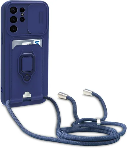 Vista 7 de Funda con correa cruzada para Samsung Galaxy S23 Ultra 5G con tarjetero y soporte de anillo magnético, cordón ajustable de silicona a prueba de Negro