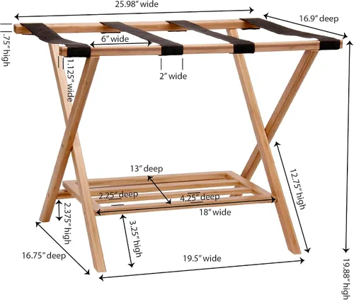 Vista 2 de Household Essentials Fully Assembled Folding Luggage Rack with Lower Storage Shelf Bamboo Frame with Black Straps