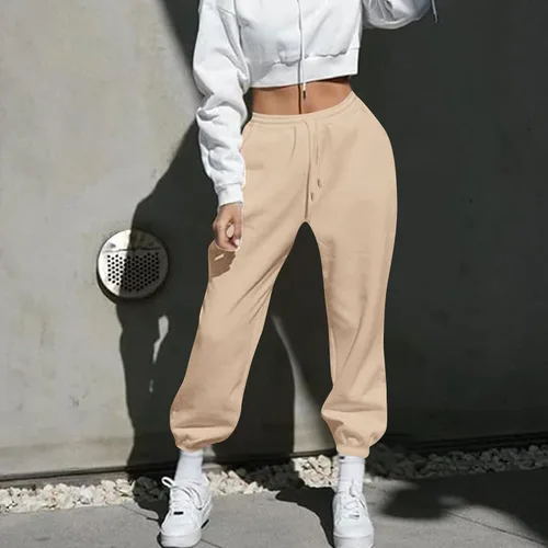 Vista 6 de Pantalones deportivos holgados de cintura alta para mujer, pantalones de otoño con parte inferior de cincha con bolsillos, pantalones deportivos