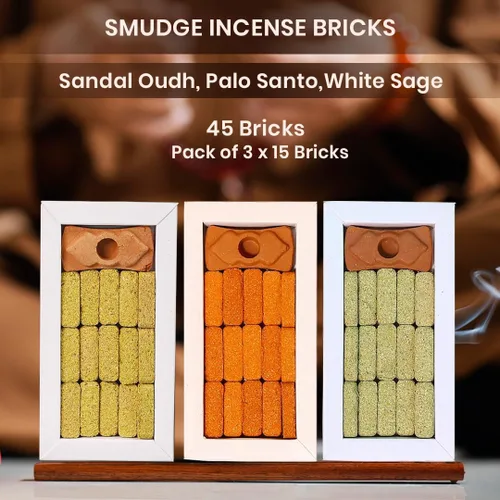 Vista 2 de Smudge - Juego de 45 ladrillos de incienso, Palo Santo, salvia blanca, sandalias Oudh para limpieza de energía negativa y protección, aromaterapia