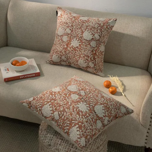 Vista 2 de Juego de 2 fundas de almohada decorativas de algodón indio vintage con estampado a mano (marrón ladrillo, 18 x 18 pulgadas (paquete de 2))