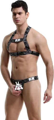 Vista 4 de Swbreety Arnés para hombre, camiseta sin mangas de camuflaje para el pecho, correa para el pecho, disfraces, camiseta muscular y tanga con anillo