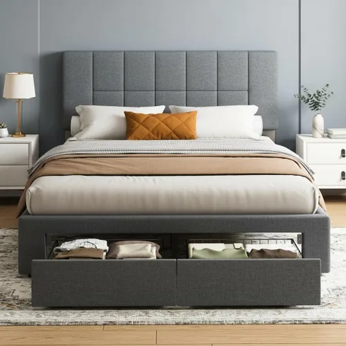 Vista 10 de Marsail Base de cama tapizada de tamaño matrimonial con 2 cajones de almacenamiento, cabecera ajustable, se adapta a colchones de 6 a 12 pulgadas
