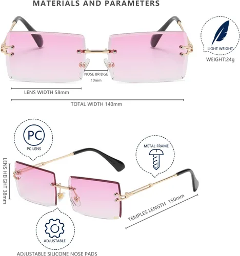 Vista 5 de LASPOR Gafas de sol rectangulares sin montura retro para mujeres y hombres, lentes teñidas de metal dorado, sin marco, gafas cuadradas vintage