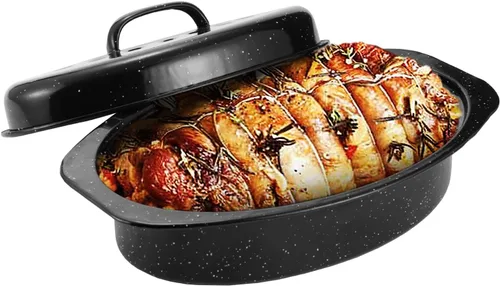 Vista 8 de JY COOKMENT Sartén para asar granito, pequeña sartén esmaltada de 13 pulgadas con tapa abovedada. Olla ovalada para pavo, sartén para asar, ideal